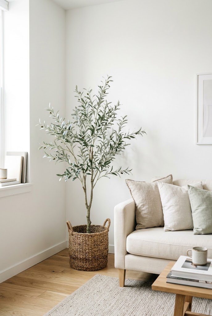 Faux olive tree in a woven basket next to a cream sofa in a bright small apartment