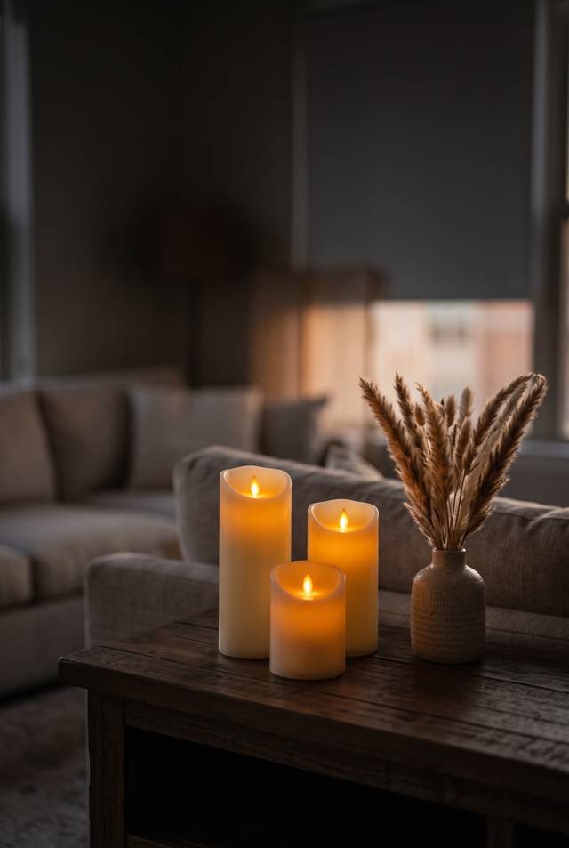 Flameless LED pillar candles glowing on a shelf in a cozy small living room