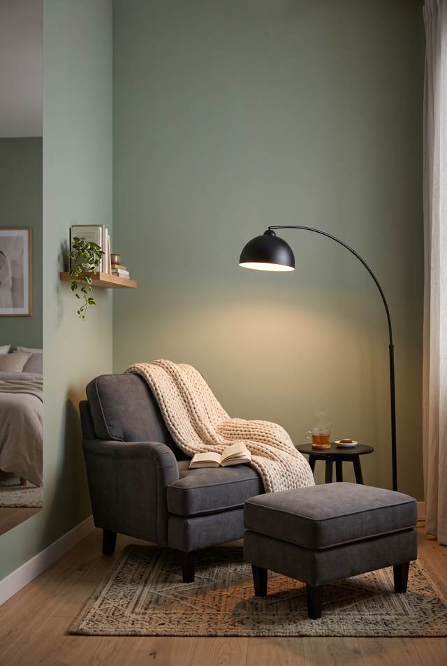 Comfy lazy reading chair with ottoman in a small bedroom reading nook