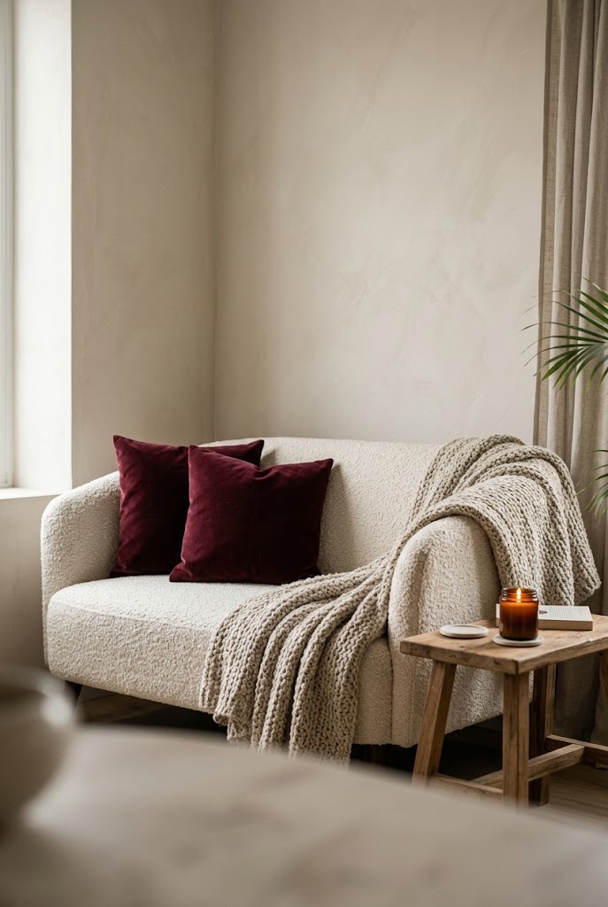 Wine red velvet throw pillows on a cream boucle loveseat in a small living room